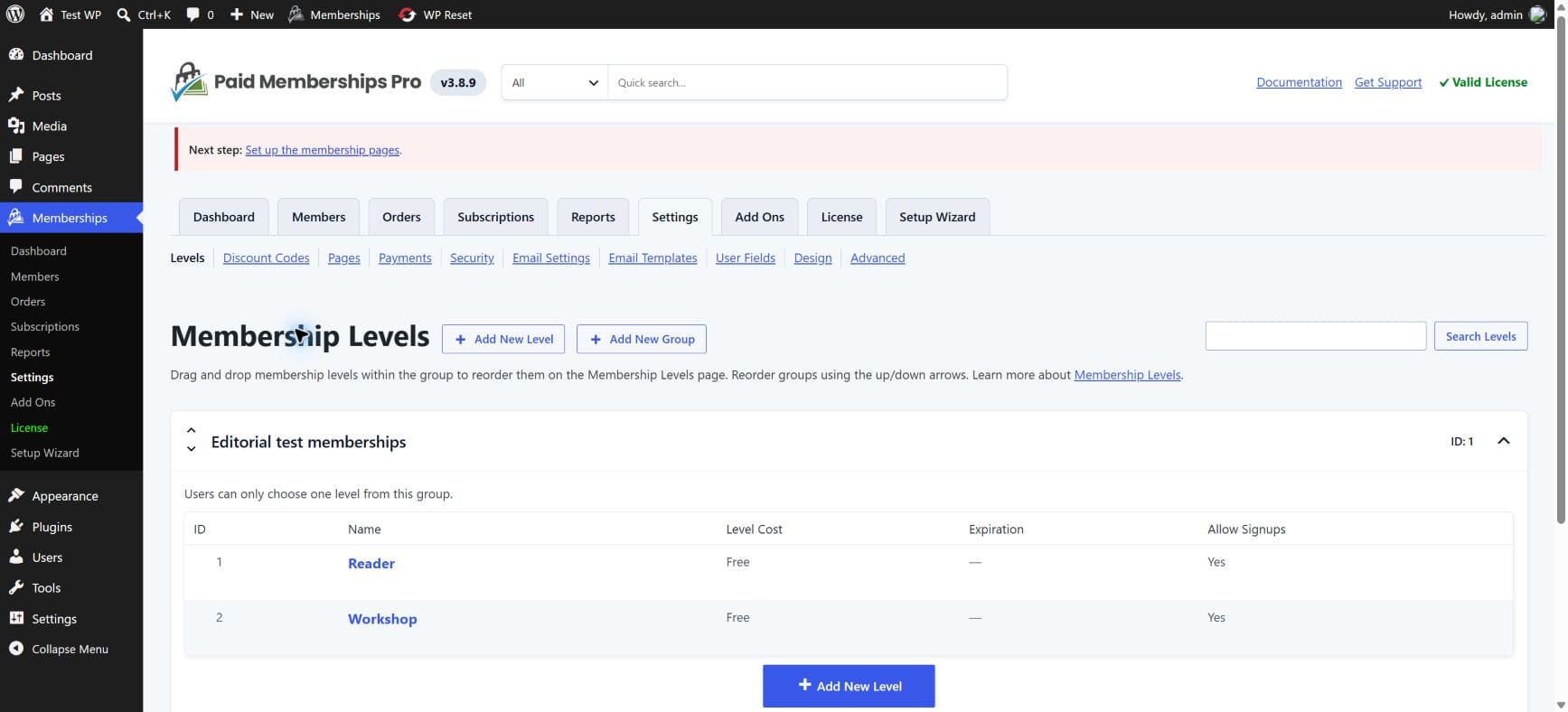 Paid Memberships Pro shows Reader and Workshop as free levels in one exclusive group