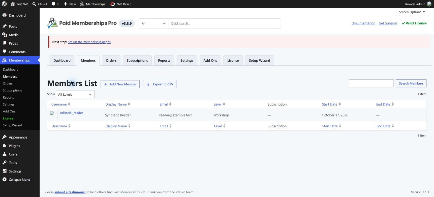 The synthetic subscriber has Workshop membership in the native Members List